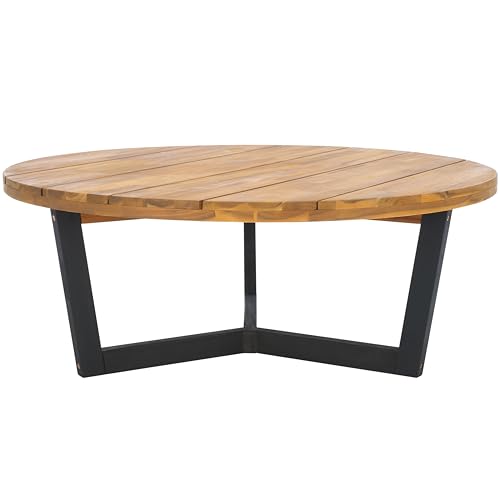 SAFAVIEH Outdoor - Leo Round Coffee Table - Natural & Black - Solid Wood - Mid-Century Three-Leg Tripod Design - Ideal for Patio, Deck, Porch, Backyard, 39.4" W x 39.4" D x 15.4" H (PAT7319B)