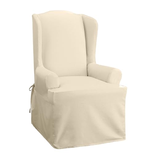 Sure Fit Home Décor Cotton Duck Solid T-Cushion Wing Chair One Piece Slipcover, Relaxed Woven Fit, 100% Cotton, Machine Washable, Natural Color