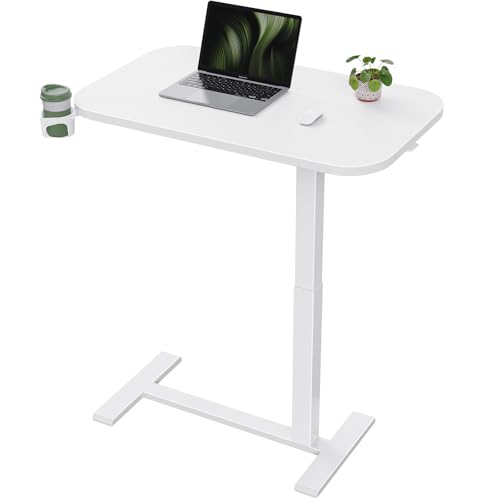 Marsail 32×16" Overbed Table with Wheels and 360° Cup Holder, Pneumatic Height-Adjustable Bedside Table, Mobile Computer Standing Desk for Home Office, White