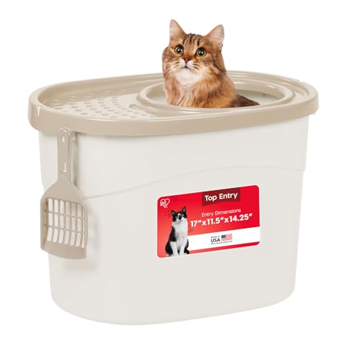 IRIS USA Large Top Entry Cat Litter Box with Lid, Enclosed Covered Cat Litter Box for Indoor Cats, Dog Proof Design, Odor Control, Litter Tracking Reduction, Scoop Included, White/Beige