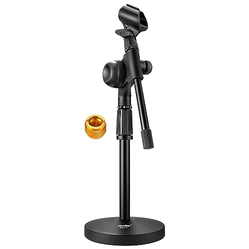 Moukey Mic Stand Desk Adjustable Tabletop Microphone Stand with Non-Slip Mic Clip, Short Table Mic Stand with Gear Fixing, Boom Arm, 3/8" and 5/8" Adapter, MMs-5