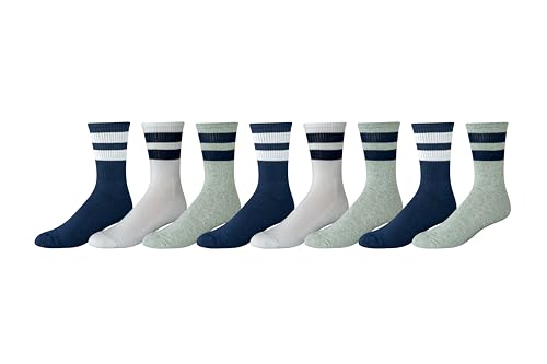 Amazon Essentials Men's Cushioned Retro Stripe Crew Socks, 8 Pairs, Grey/Navy/White, 13-15