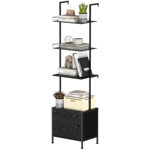 Shinoske Ladder Bookshelf,5 Tier Book Shelf with Storage Cabinet,Wall Mounted Industrial Bookcase for Small Space,Metal Frame,Tall Display Shelf for Living Room,Corner,Bedroom,Office,Black