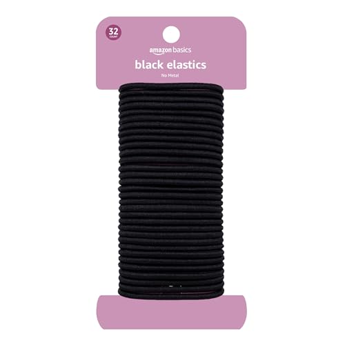 Amazon Basics No Damage Elastic Hair Ties, Ponytail Holders for All Hair Types, Snag-Free, Strong Hold, Black 4 MM, 32 Count
