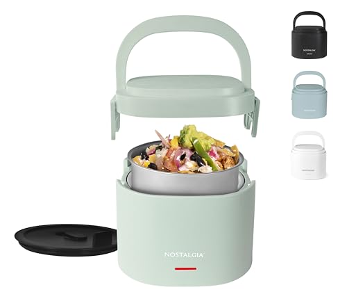Nostalgia Portable 20-Ounce Electric Heated Lunch Box – Travel Size 2.5 Cup Capacity for Soup, Chili, and Leftovers – Leak Proof Silicone Sealed Lid, Foldable Carry Handle, Detachable Cord – Sage