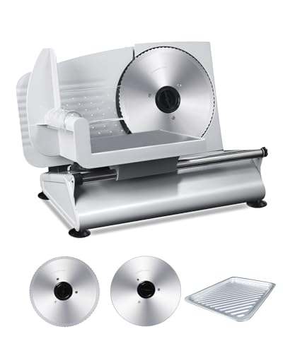 Pterying Meat Slicer Machine for Home - 200W Electric Food Slicer with 2 Removable 7.5" Stainless Steel Blades and Tray, Adjustable and Child Lock Protection, Slicer Machine for Meat Bread