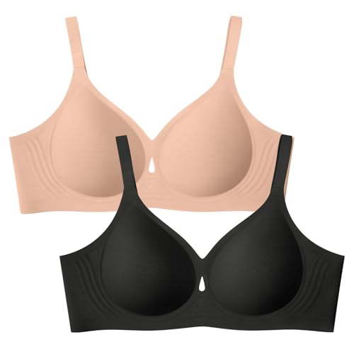 LetsJoli Wireless Bras for Women No Underwire Jelly Bras Seamless Push Up Full Coverage Bralettes Comfortable Everyday Brae (Black+Caramel,2PCS,M)