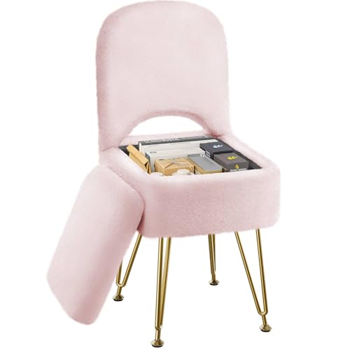 GREENSTELL Vanity Stool Chair with Storage and Folding Back, 13.4" x 15" x 30" Square Faux Fur Soft Ottoman, 4 Metal Legs with Anti-Slip Feet, Furry Padded Seat for Makeup, Bedroom, Pink