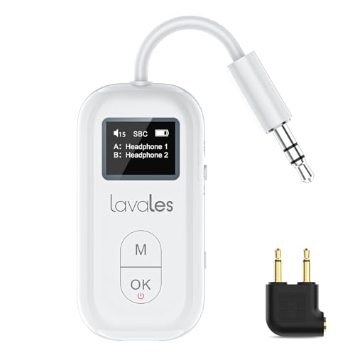 Lavales Bluetooth 5.3 Transmitter Receiver for Airplane, Wireless Audio Adapter for 2 Headphones, aptX Adaptive/SBC/HD,100ft Long Range, 35h Playtime, 3.5mm AUX Adapter for TV, Speakers, MP3