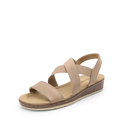 DREAM PAIRS Women's Dressy Slip on Elastic Ankle Strap Summer Wedge Heels Low Wedge Cork Beach Sandals for Women Casual Vacation,Size 7,Nude,DWUMFS2505