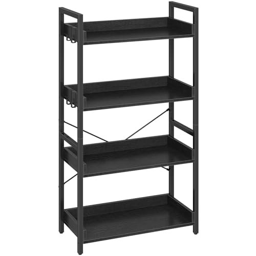 Rolanstar Bookshelf 4 Tier with 4 Hooks, Industrial Wood Bookcase, Vintage Storage Rack with Open Shelves, Rustic Standing Bookshelves Metal Frame Display Rack for Living Room, Bedroom, Black