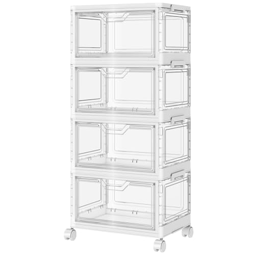 SNSLXH Portable Clear Storage Bins with Lid & Wheels, 24QT Clear Storage Bins with Lid, 4-Tier Plastic Bins with Wheels, Stackable, Magnetic Doors, for Bedroom, Living Room, Office