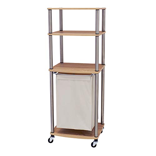 Household Essentials Laundry Hamper Storage Cart with Woodgrain Laminate, Rolling Frame and Shelves, Light Ash