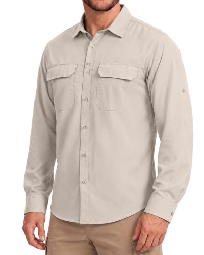 Men's Sun Protection Fishing Shirt UPF 50+ Long Sleeve Safari Hiking Travel Shirts with Pockets Quick Dry(Khaki Medium)