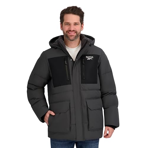 Reebok Mens Puffer Parka Heavyweight Jacket, Charcoal, L