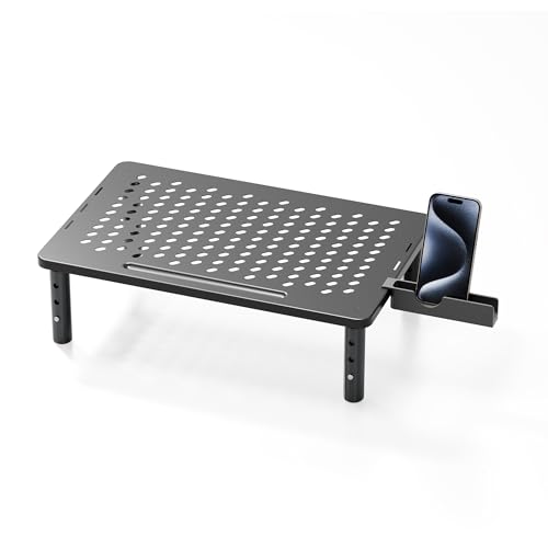 Canyora Computer Monitor Stand Riser for Desk, 3 Height Adjustable PC Laptop TV Desktop Monitor Stand Shelf, Metal Printer Table with Phone Holder, Stand Riser for Desk, Office Desk Organizers and Accessories, 1 Pack
