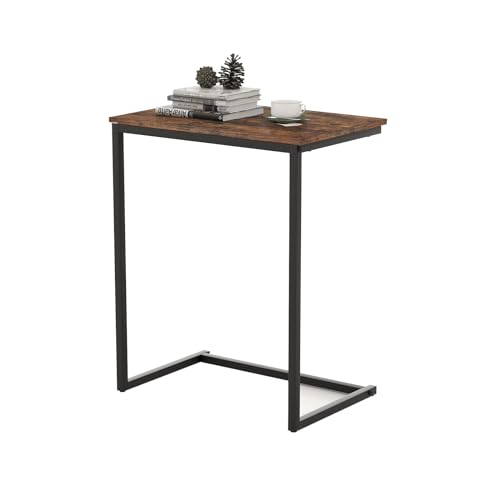 GOFLAME C Shaped End Table, Small Snack Side Table for Sofa, Couch, Bed, Laptop Table, TV Trays with Metal Frame for Living Room, Bedroom, Small Space, Rustic Brown