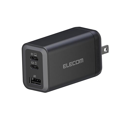 ELECOM 65W USB C Wall Charger Block, 3 Multi Port GaN II Plus Fast Charging, Compact Power Adapter for Multiple Devices, iPhone, Laptop, Tablet, iPad, Airpods, Watch, Speakers, Samsung (Black)