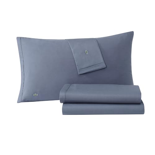 Lacoste 100% Cotton Percale 4-Piece Sheet Set – Crisp Cool Breathable All-Season Bedding, Oeko-Tex Certified, Soft Matte Finish, Durable Premium Cotton – Solid, Vintage Indigo, Queen