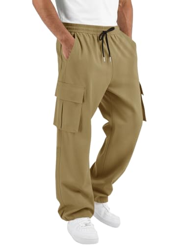 Runcati Mens Cargo Pants Hiking Athletic Joggers Sweatpants Elastic Waist Drawstring Casual Trousers with Multi Pockets