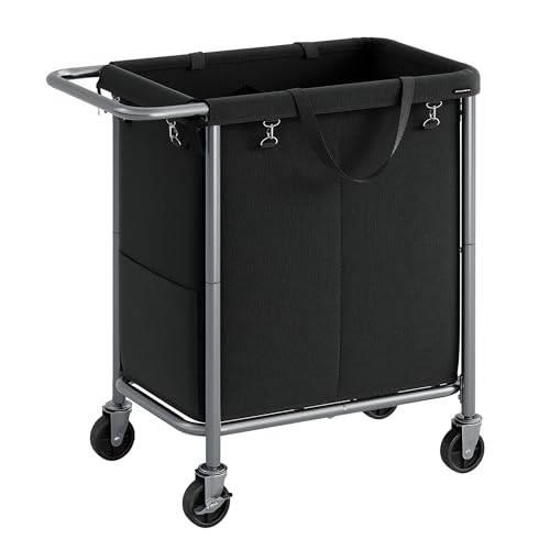 SONGMICS Laundry Basket with Wheels, 2-Section Rolling Laundry Hamper, 37 Gallons (140 L), Removable Liner, Steel Frame with Handle, 27.2 x 15.4 x 31.9 Inches, Ink Black URLS004B01