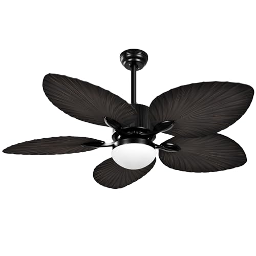 YITAHOME Tropical Ceiling Fan with LED Light and Remote, 52 Inch Black Palm Leaf Fan for Home with Memory Function, 5 Leaf Blades, Reversible DC Quiet Motor, for Porch, Farmhouse, Indoor, Brown