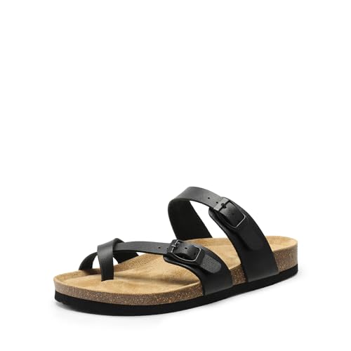 DREAM PAIRS Women's Thong Slide Sandals with Cork Footbed Open Toe Adjustable Slip On Slippers Comfort Flat Sandals for Summer,Size 8.5,Black,SDSS2405W