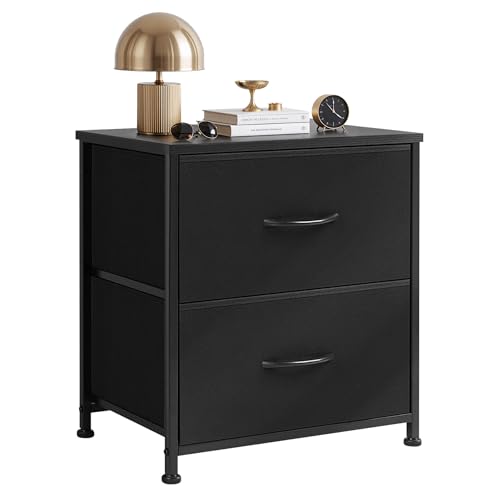 Nightstand Upgraded, Small 2 Drawer Dresser End Table Bedside Furniture, Wooden Top Fabric Bins for Bedroom, Closet, Entryway, Dorm, 11.8" D x 18" W x 20", Charcoal Black