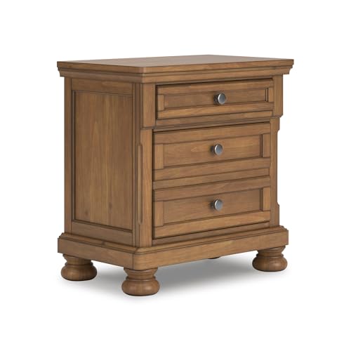 Signature Design by Ashley Glarrison Classic 3-Drawer Nightstand with Felt-Lined Top Drawer and Pull-Out Tray, Poplar Wood, Pine Veneer, Metal Knobs with Pewter-Tone Finish, 29.88" High, Light Brown