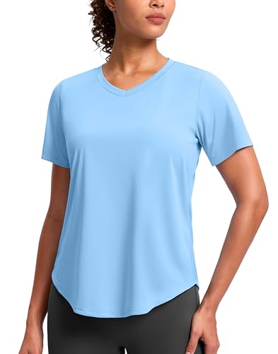 Womens Workout Shirts V-Neck Short Sleeve UPF 50+ Sun Shirt Moisture Wicking Dry Fit Top for Gym, Running, Athletic (Haze Blue, XS)