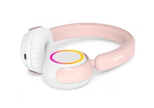 Philips K4200 Lightweight On-Ear Wireless Kids Headphones - Built-in Mic, LED Lights, Safe Volume Limited, Audio Sharing, Foldable & Durable, Pink