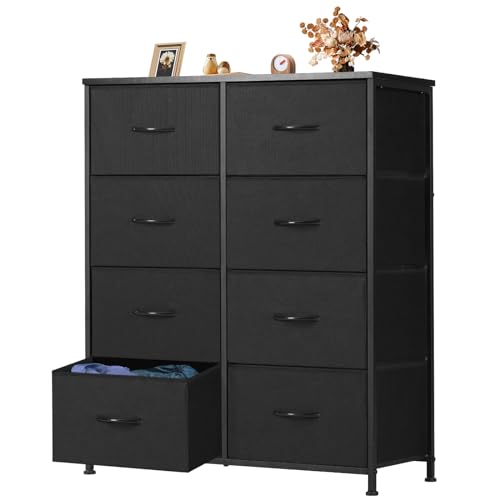 OLIXIS 8 Drawer Dresser for Bedroom, Wide Fabric Storage Tower with Wooden Top and Metal Frame, Closet Chest Organizer Furniture, Living Room Hallway, Black