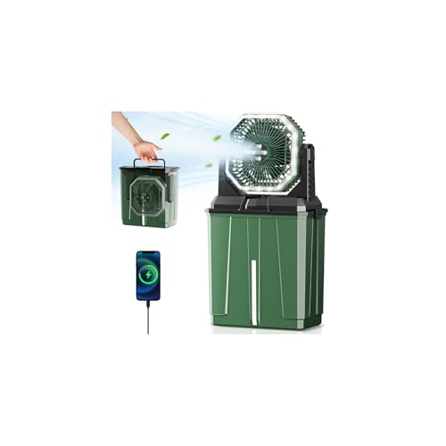 Portable Misting Fan, 24000mAh Camping Fan with 8L Bucket, 12Hrs Mist Rechargeable Fans, 60‌Hrs Cooling Battery Powered Fans with 2 Spray Modes, 3 Winds, 68LED Lights for Outdoor Garden, Worksite