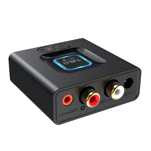 1Mii Bluetooth 5.1 Receiver for Home Stereo, Bluetooth Audio Adapter with 3.5mm RCA, Wireless Hi-Fi Music Streaming from Smartphone/Tablet to Wired Speaker, 12hrs Playtime, Bass Mode