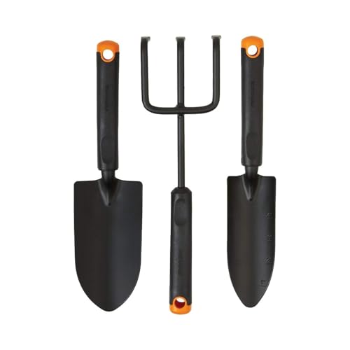 Fiskars 3-Piece Garden Tool Set - Trowel, Transplanter, Cultivator, Rust-Resistant Steel Heads, Ergonomic Handles for Planting, Digging, and Aerating Soil