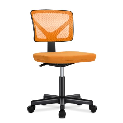 DUMOS Armless Office Chairs with Wheels, Ergonomic Adjustable Home Desk Swivel Rolling Task Chair No Arms, Comfy Mesh Mid Back Computer Work Vanity Desk Chairs for Small Spaces, Orange
