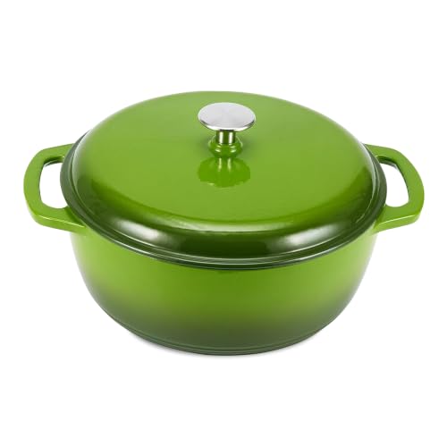 Amazon Basics Enameled Cast Iron Dutch Oven Pot with Lid, Round, Dual Handles, Heavy-Duty, Oven Safe for Stews, Roasting, Baking, 7.3-Quart, Green
