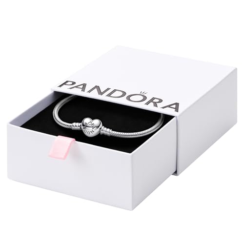 PANDORA Moments Heart Clasp Snake Chain Bracelet - Compatible with PANDORA Moments Charms - Gift for Her - Sterling Silver & Shine - With Gift Box - 6.7"