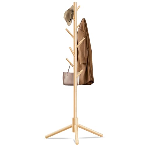 Unisakey Durable Wooden Coat Rack, Freestanding Coat Rack with Stable Triangular Base, 8 Hooks & 3 Adjustable Heights, Simple Assembly for Bedroom, Hallway, Office(New Nature)