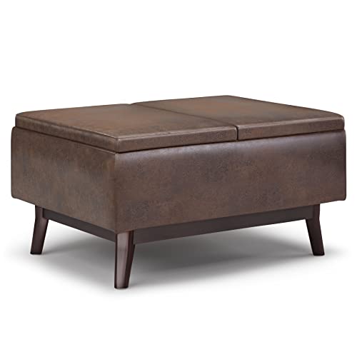 SIMPLIHOME Owen Tray Top Small Coffee Table Storage Ottoman - 34 inch Wide Upholstered Vegan Leather Rectangular Flip-Top Ottoman in Distressed Chestnut Brown, Mid-Century Ottoman for Living Room