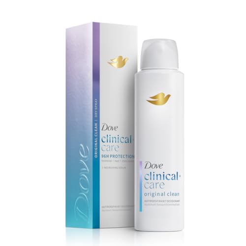 Dove Clinical + Care Antiperspirant Deodorant Dry Spray for Women, 96H Clinical Strength Sweat & Odor Protection, With Nourishing Serum, Original Clean with Fresh Scent, 3.8 oz
