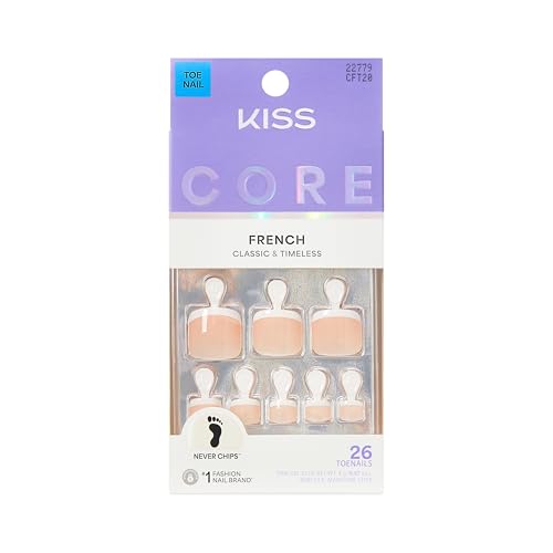 Kiss Core, Press On Nails, Nail glue included, 'Two of a Kind', White, Short Size, Squoval Shape, Includes 26 Toenails, 2g Glue, 1 Manicure Stick, 1 Mini File
