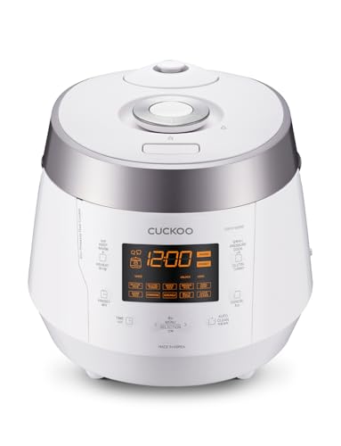 CUCKOO High Pressure Rice Cooker 10-Cup Uncooked / 20-Cup Cooked with Nonstick Inner Pot, Large Rice Maker with 13 Menu Options and Steam Plate, Fuzzy Logic Tech, Voice Guide, White (CRP-P1009SW)
