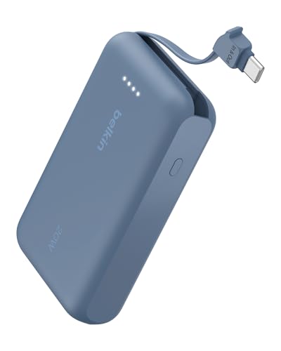 Belkin Portable Charger Power Bank USB C, 10000 mAh w/Integrated Cable, 20W Fast Charge USB-C Power Delivery, iPhone Charger, Apple iPhone 17, Air, Pro, Pro Max, iPad, Samsung Galaxy S25 - Blue