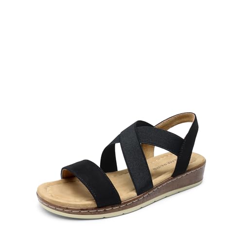 DREAM PAIRS Women's Dressy Slip on Elastic Ankle Strap Summer Wedge Heels Low Wedge Cork Beach Sandals for Women Casual Vacation,Size 9,Black-Suede,DWUMFS2505