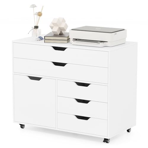 Giantex File Cabinet, Rolling Lateral Filing Cabinet with Wheels, 5 Drawers, Load 220 Lbs, Office Craft Storage Organization, Mobile Storage Organizer, Printer Stand for Home Office (White)