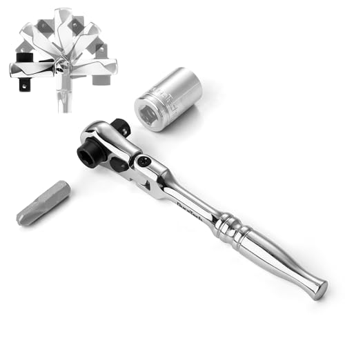 DURATECH 1/4" Drive Ratchet Handle, 2 in 1 Flex Head Ratchet, Socket&Bit Driver, 72-Tooth, Reversible Switch, Full-Polished Chrome Plating, Alloy Steel