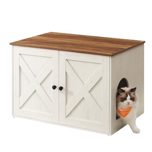 Feandrea Cat Litter Box Enclosure, Litter Box Furniture Hidden, Indoor Cat House, End Table, 27.6 x 19.7 x 19.7 Inches, Rustic White and Honey Brown UPCL022K02