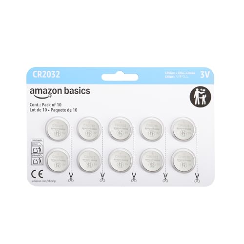 Amazon Basics CR2032 3V Lithium Coin Cell Batteries for Key Fob, Watch, Remote, Child-Proof Package, Non-Coated, AirTag Compatible, 10-Pack
