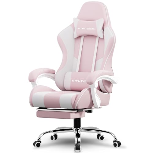 GTPLAYER Gaming Chair with Footrest, Computer Chair with and Lumbar Support, Height Adjustable Game Chair with 360°-Swivel Seat and Headrest and for Office or Gaming (Pink-Fabric)